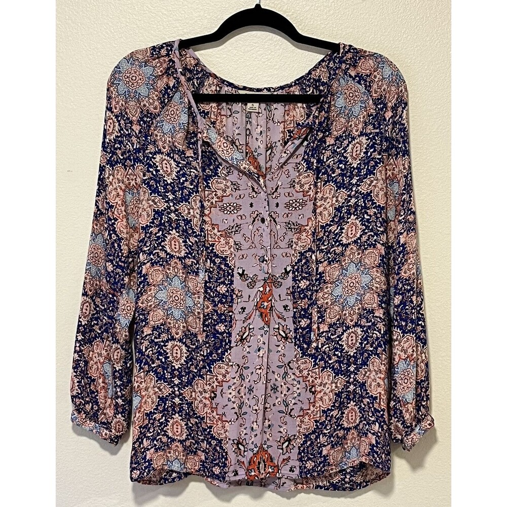 Lucky Brand Popover Top Size Small Mosaic Print Boho Colorful Floral Peasant